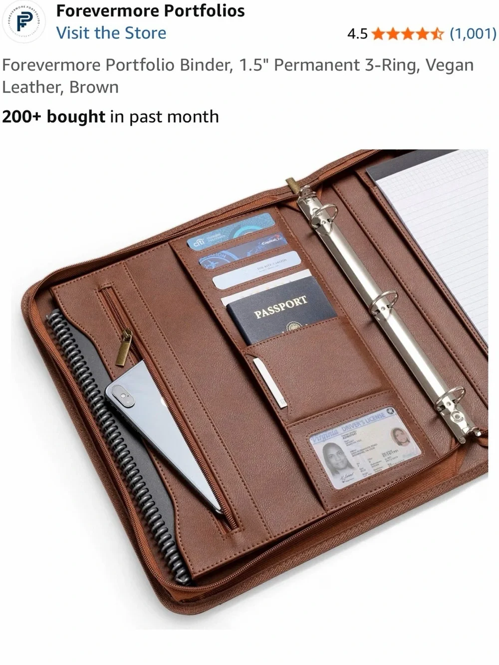 Forever 21 Brown Leather Zip Binder with Notepad & Card Slots